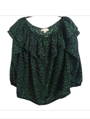 Michael Michael Kors Off The Shoulder Green Black Leopard Print Top Size Large